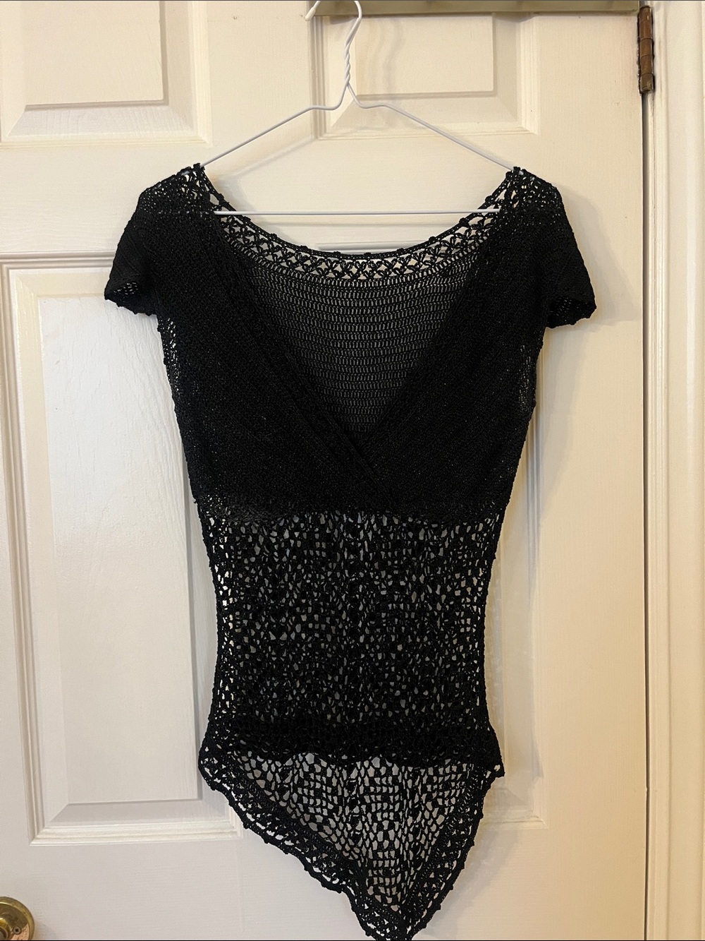 Black Crochet Short-Sleeve V-Neck Top Whimsigoth
